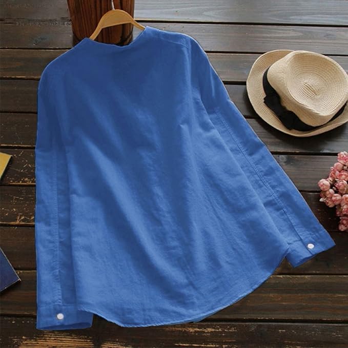Women’s Linen Collarless Shirt – Breathable Long-Sleeve Layer for Warm Days