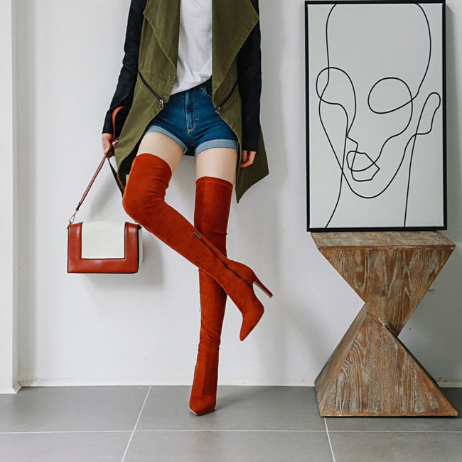 Women's Suede-Look Heeled Pointed-Toe Knee-High Boots
