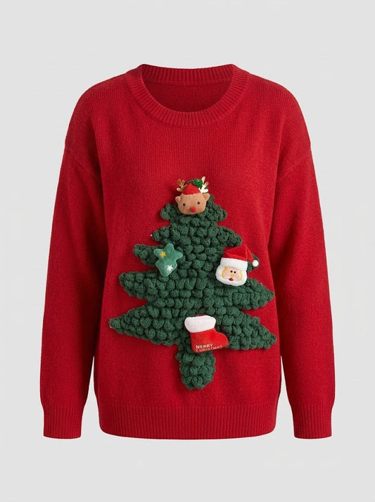 Women’s 3D Christmas Tree Knit Sweater – Festive Crew-Neck Pullover with Textured Appliqué