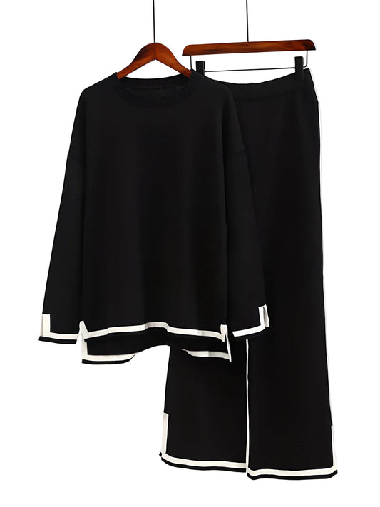 Women’s Contrast-Trim Knit Co-Ord Set – Relaxed Longline Top with Straight-Leg Trousers for Elevated Loungewear
