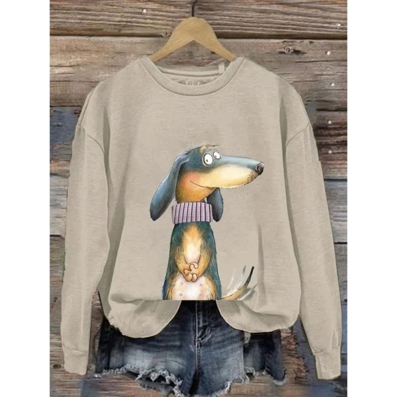 Women’s Dog Graphic Crew-Neck Sweatshirt – Relaxed Casual Pullover for Cool Everyday Wear