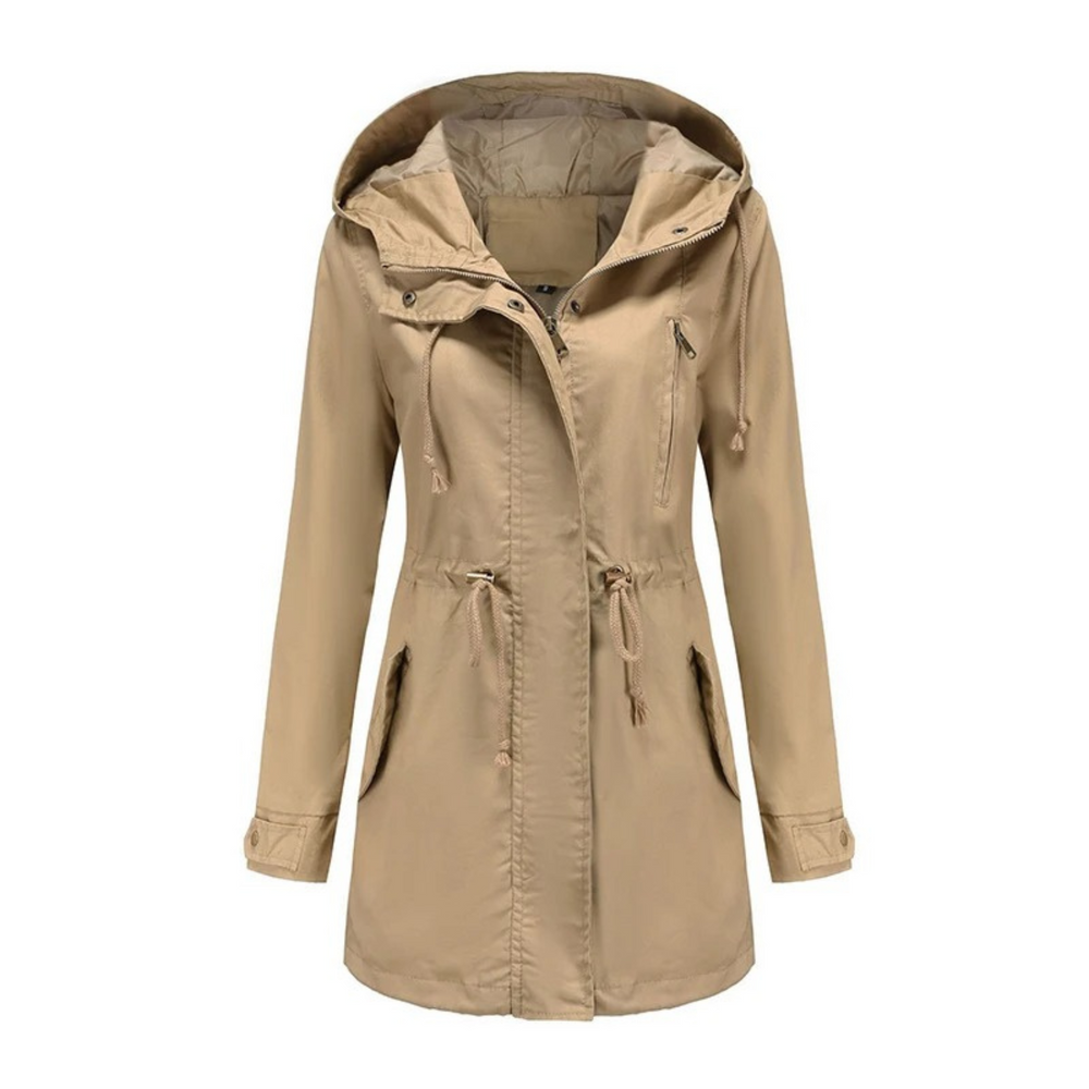 Women’s Hooded Drawstring Utility Parka – Mid-Length Zip-Front Jacket with Adjustable Waist and Practical Pockets