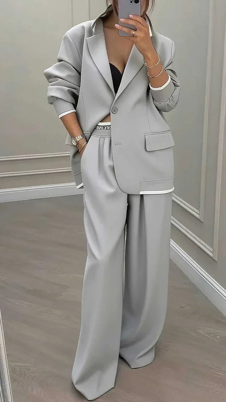 Women’s Oversized Blazer Trouser Set – Relaxed Single-Breasted Jacket with Wide-Leg Tailored Trousers