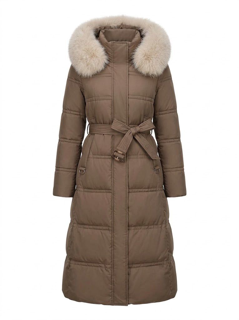 Women’s Longline Quilted Puffer Coat – Faux-Fur Hooded Winter Outerwear with Insulated Full-Coverage Design