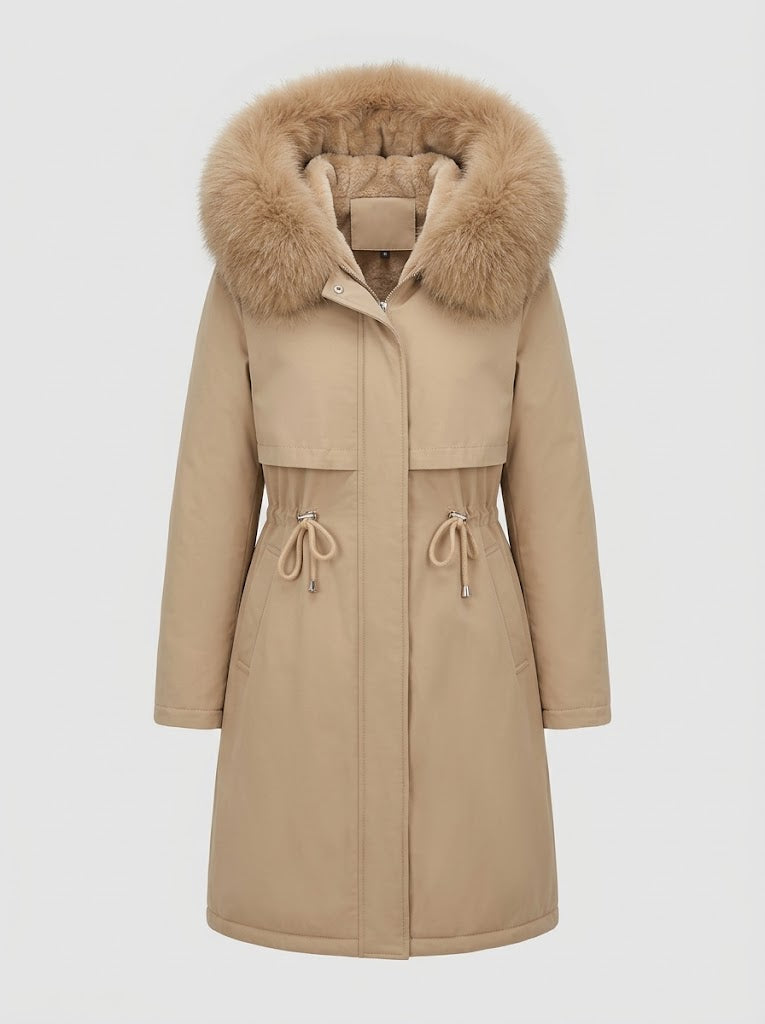Women’s Longline Hooded Winter Coat – Plush Lined Layer with Faux Fur Trim