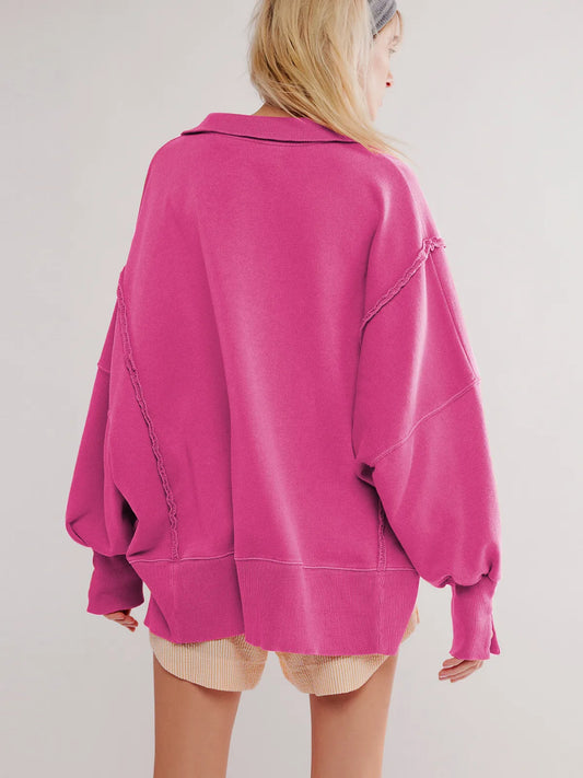 Women’s Oversized Henley Sweatshirt – Exposed-Seam Pullover with Balloon Sleeves