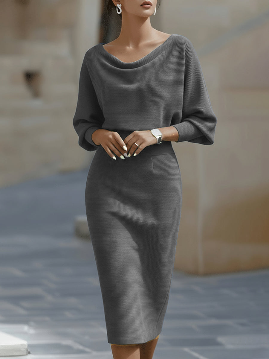 Women’s Bodycon Midi Dress – Draped Neckline Batwing Sleeve Style for Elegant Events