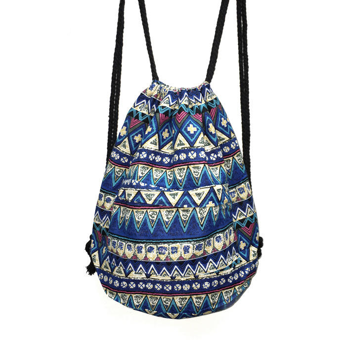 Women’s Printed Canvas Drawstring Backpack – Bohemian Pattern Bag with Rope Shoulder Straps