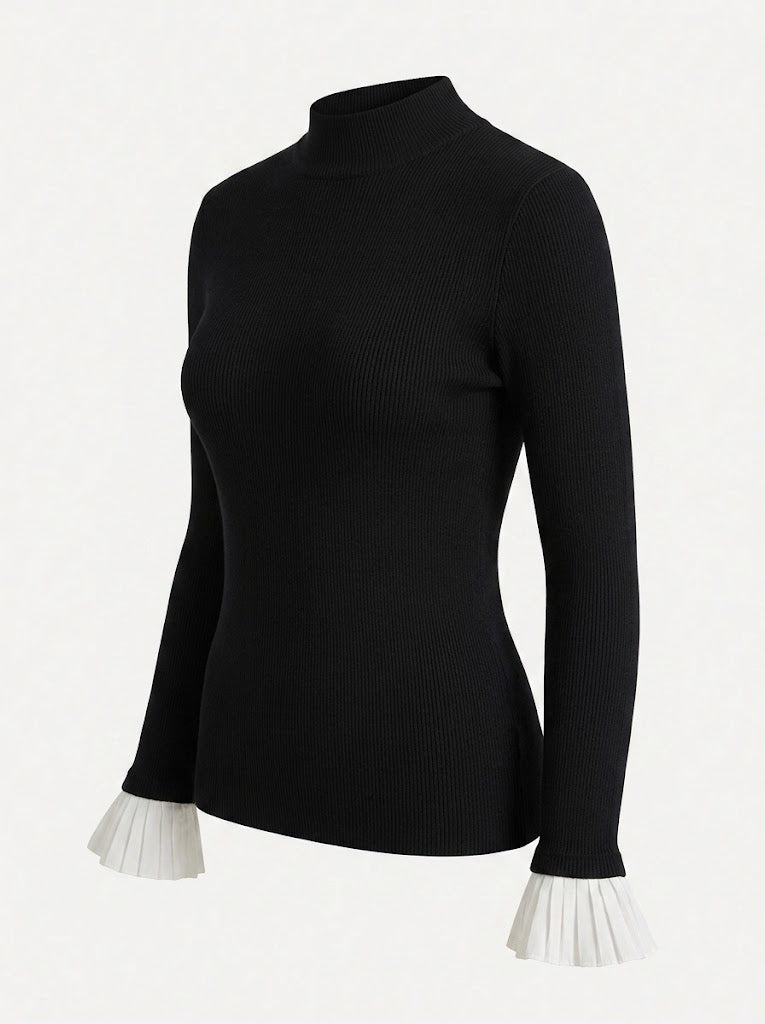 Women’s Fitted Mock Neck Top – Structured Shoulder Long-Sleeve Smart Casual Style