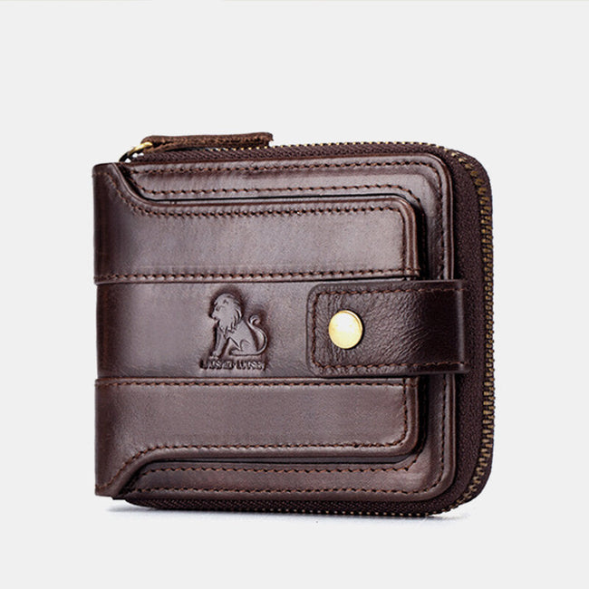 Men’s RFID Leather Wallet – Vintage Zip-Around Bifold with Card Slots and Coin Pocket