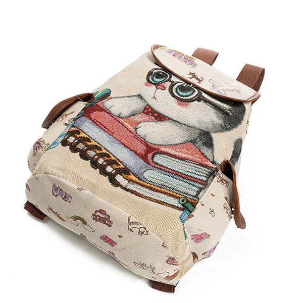Children’s Cartoon Cat Canvas Backpack – Drawstring School Bag with Flap Closure and Side Pockets