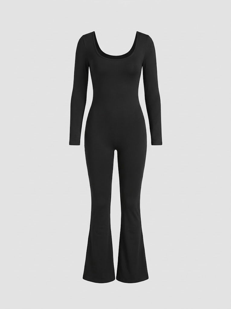 Women’s Square-Neck Long-Sleeve Jumpsuit – Flared Leg Fitted Silhouette