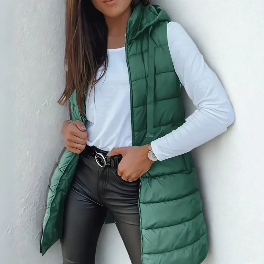 Women’s Longline Quilted Gilet – Hooded Body Warmer with Full-Length Zip