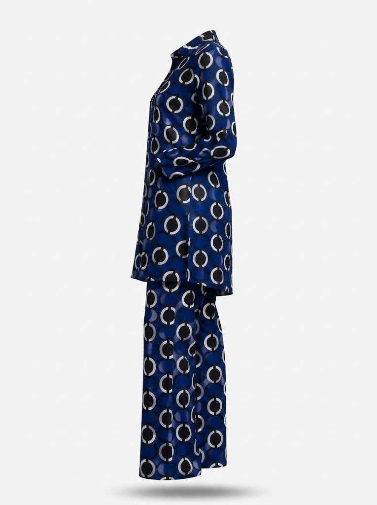 Women’s Printed Trouser Co-Ord Set – Relaxed Longline Button-Up Blouse with Elasticated Wide-Leg Trousers for Holidays and Weekend Wear