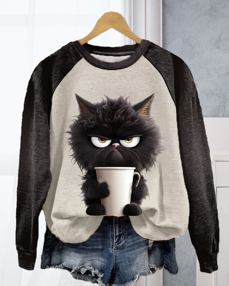 Women’s Grumpy Cat Coffee Graphic Sweatshirt – Relaxed Raglan Pullover for Casual Autumn Wear