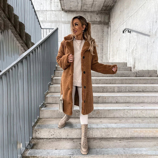 Women’s Teddy Coat – Plush Longline Button-Up Layer for Cosy Winter Styling