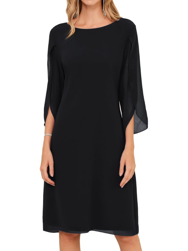 Women’s Layered-Sleeve Midi Shift Dress – Flowing Style for Smart Occasions