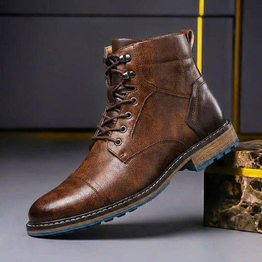 Men’s Genuine Leather Cap-Toe Boots – Lace-Up Ankle Style for Smart Casual and Winter Wear