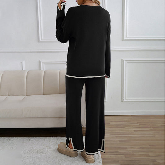 Women’s Split-Detail Knit Two-Piece Set – Crew-Neck Relaxed Top with Wide-Leg Trousers for Everyday Wear