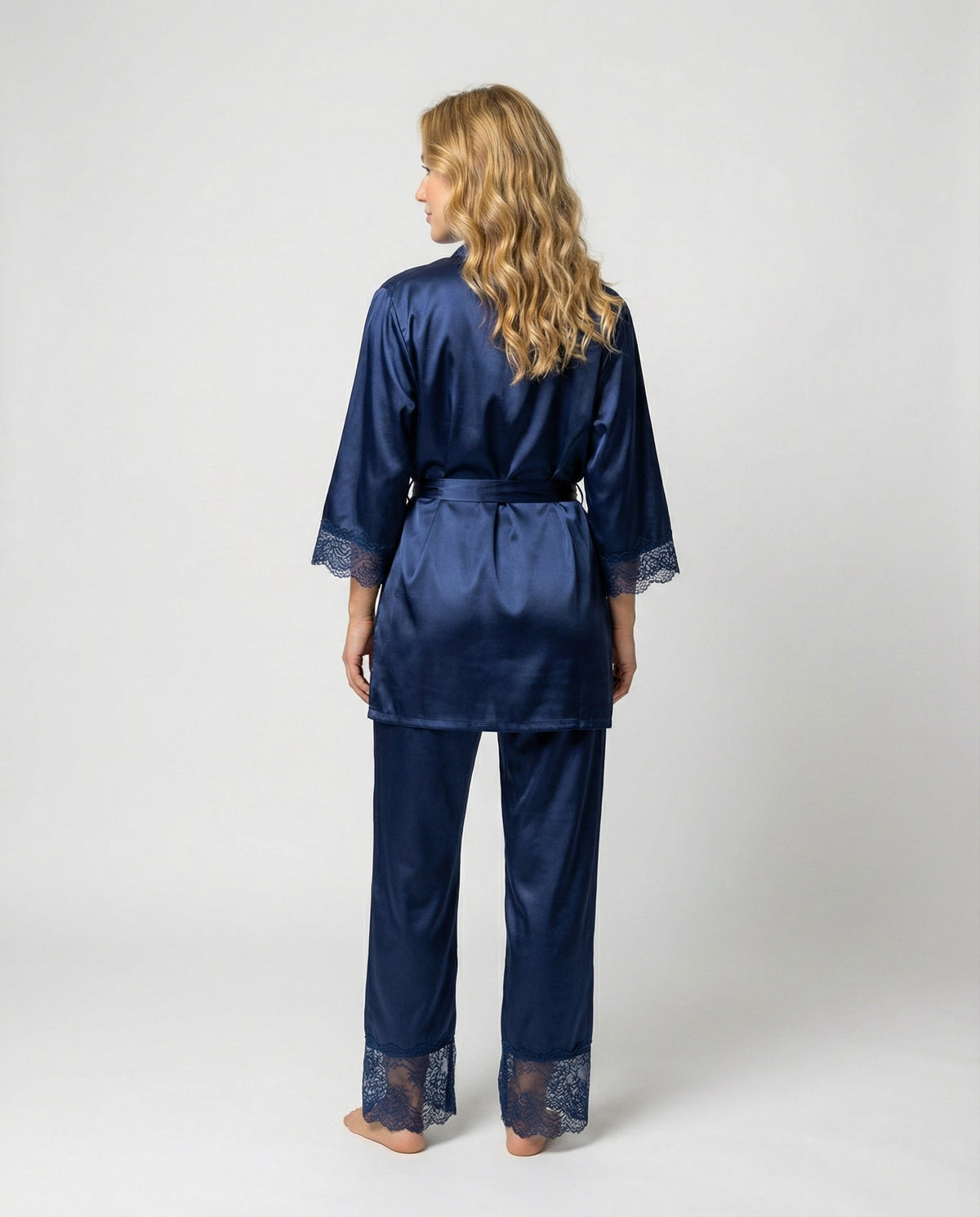 Women’s Lace-Trim Evening Loungewear – Silk-Blend Pyjama Set with Belted Kimono