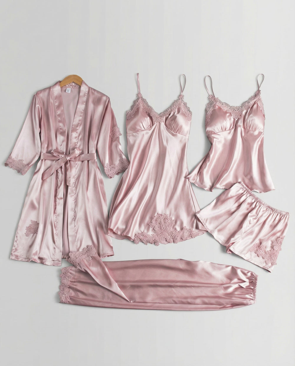 Women’s Lace-Trim Evening Loungewear – Silk-Blend Pyjama Set with Belted Kimono