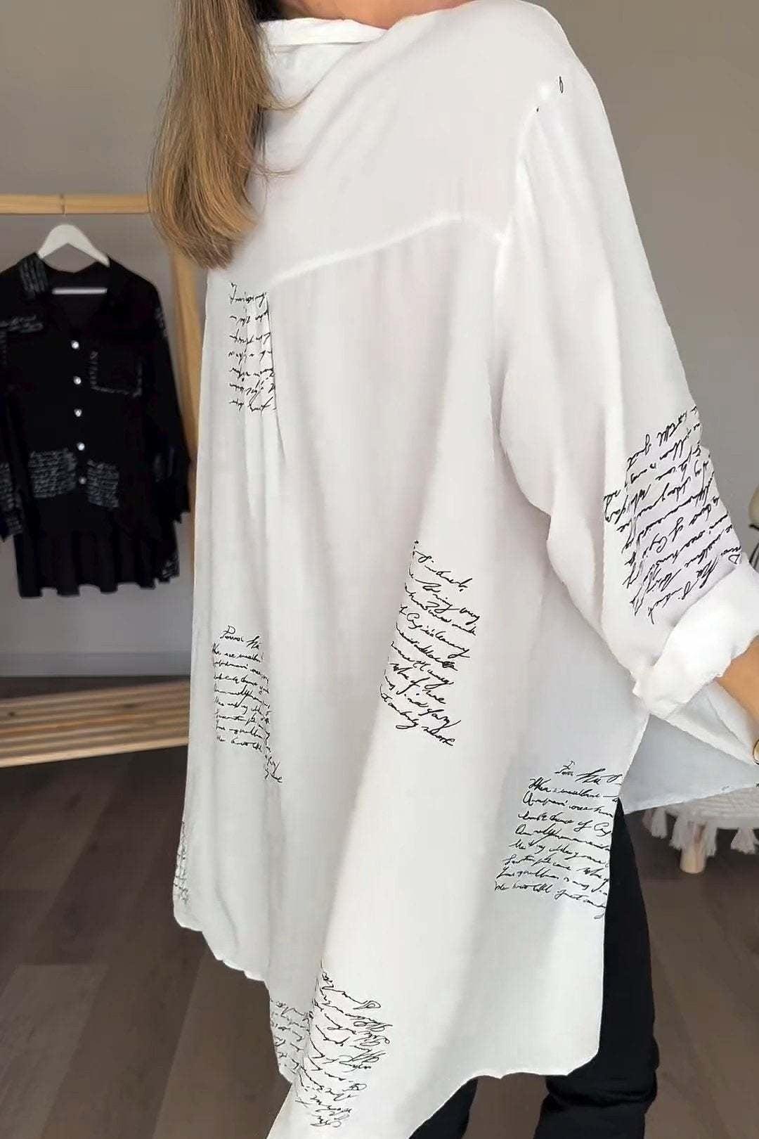 Women’s Oversized Shirt – Slogan Print Shirt with Classic Collar