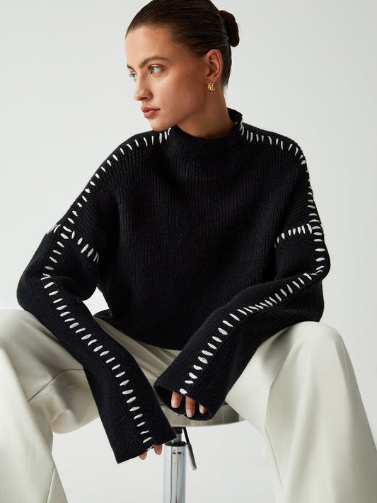 Women’s Oversized Knitted Jumper – Contrast Stitching with Stand Collar