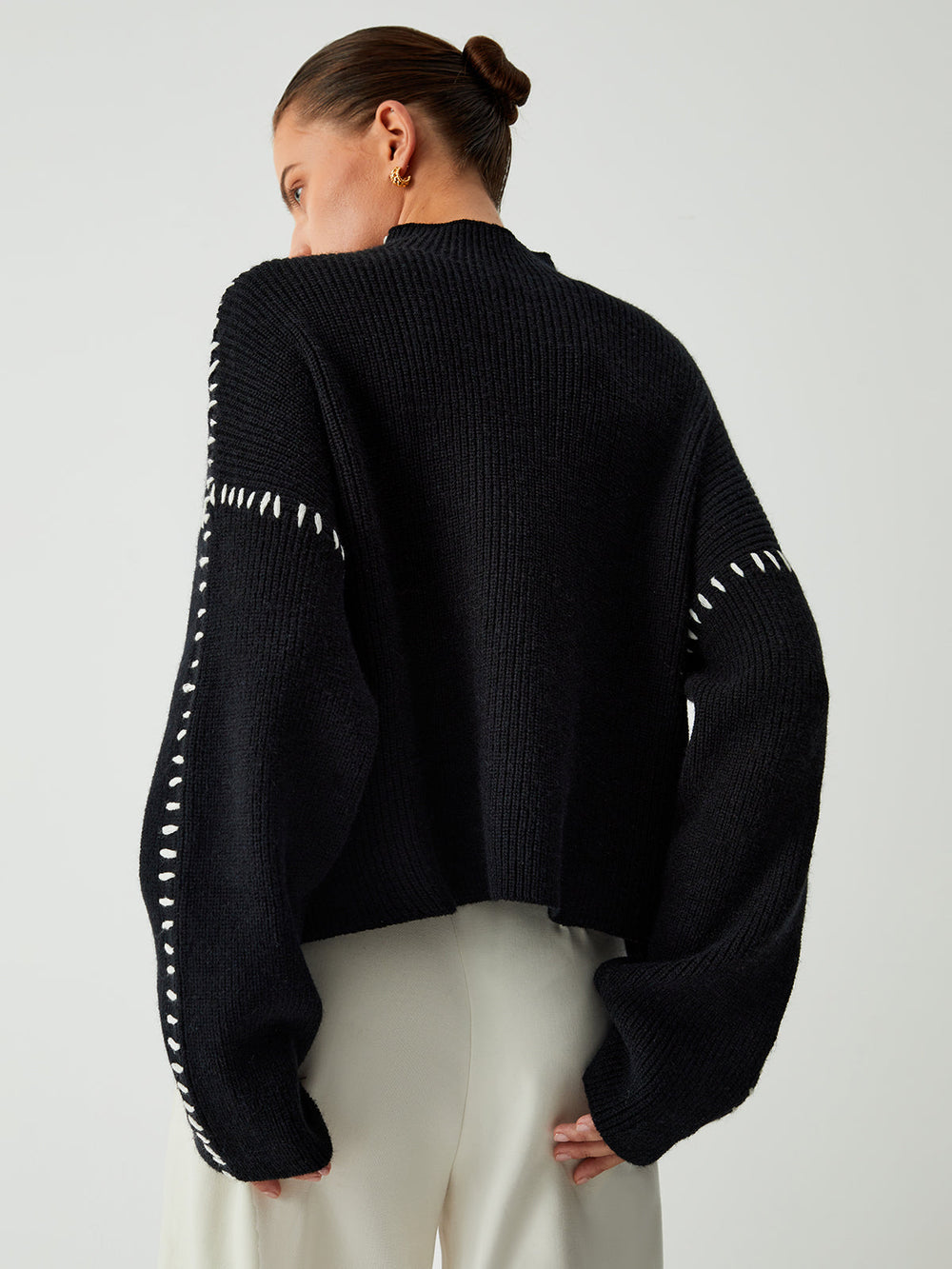 Women’s Oversized Knitted Jumper – Contrast Stitching with Stand Collar