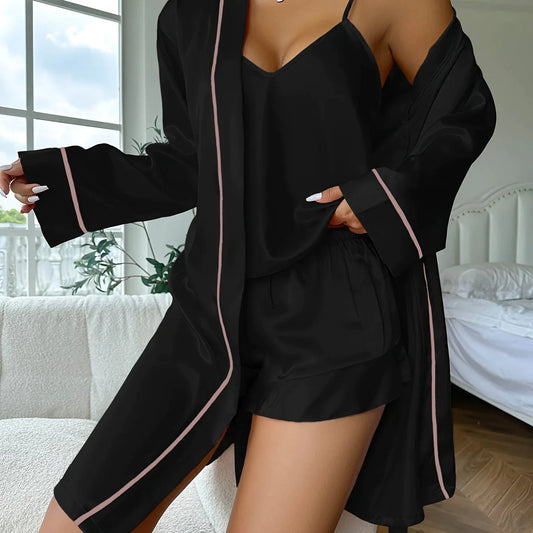 Women’s Satin Pyjama Set – Camisole Shorts and Long Robe for Sleep and Lounge Wear