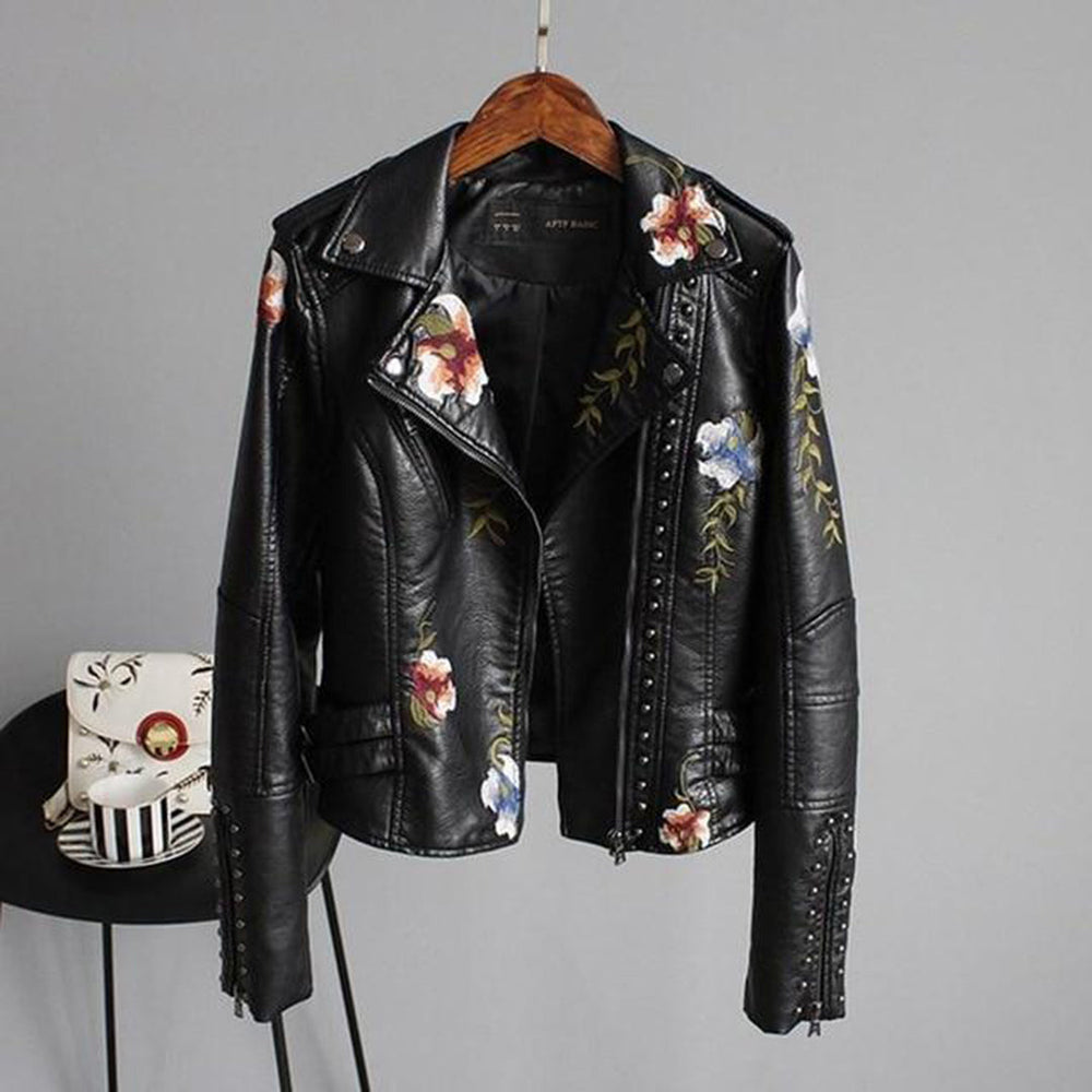 Women’s Black Cropped Jacket – Floral Embroidery with Studs