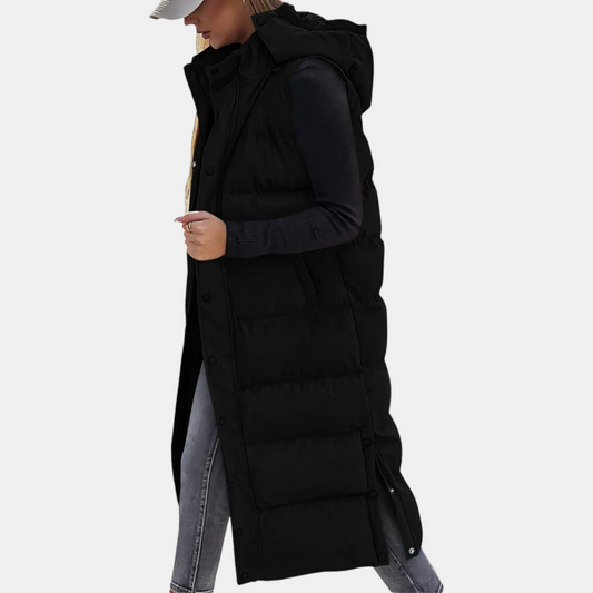 Women’s Longline Quilted Gilet – Hooded Sleeveless Padded Coat