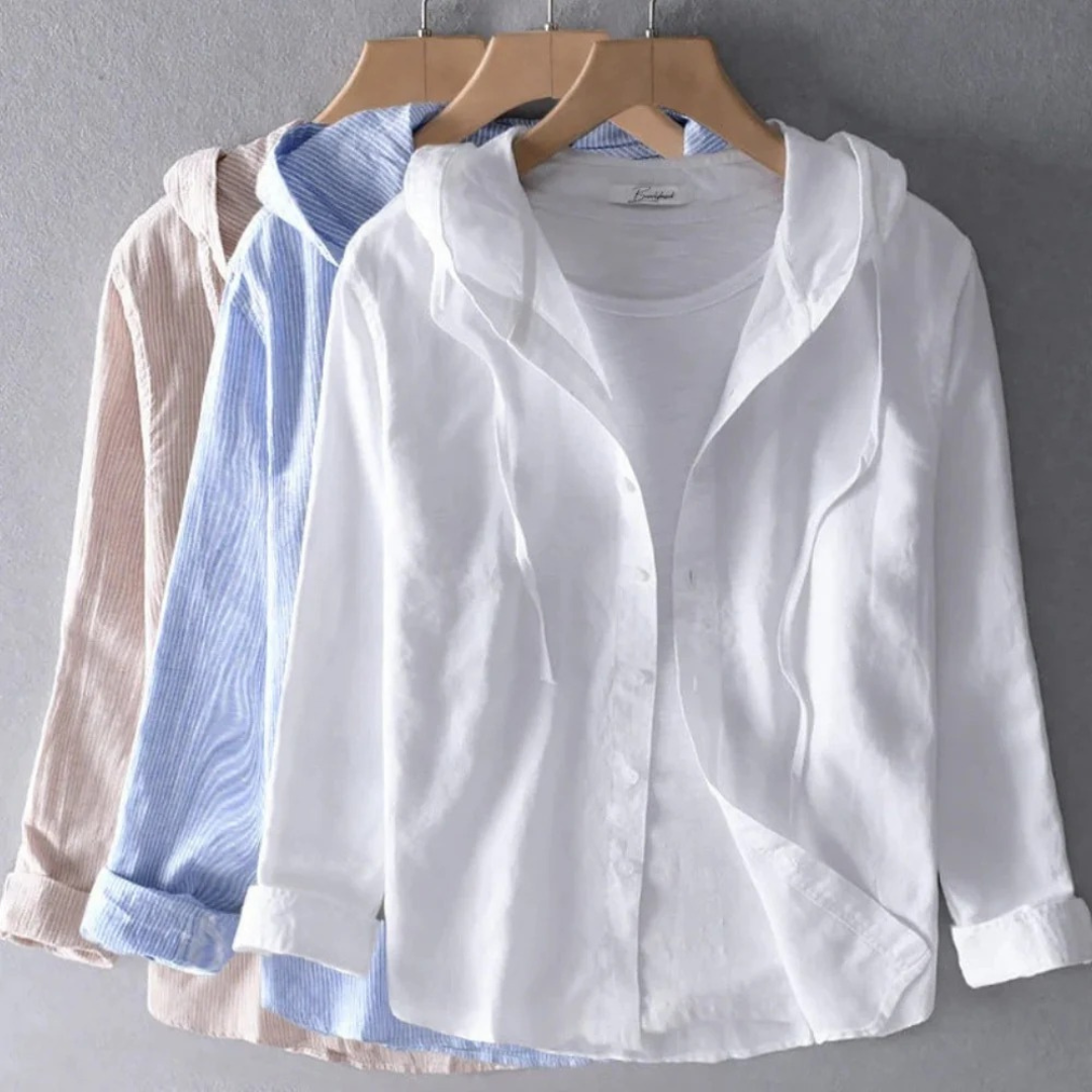 Women’s Relaxed Linen Hooded Blouse – Lightweight Button-Up Layer for Spring and Summer Wear