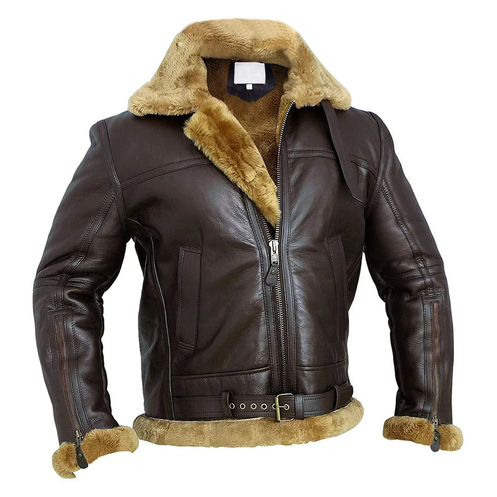 Men’s Shearling Aviator Jacket – Leather Flight Jacket with Buckled Waist and Zip Cuffs