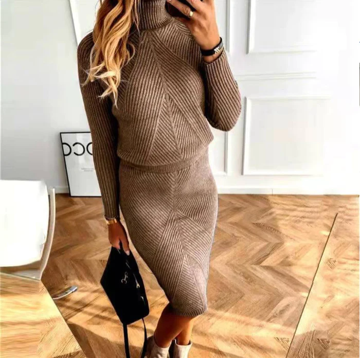 Women’s Directional Rib Knit Skirt Set – V-Neck Long-Sleeve Jumper with Fitted Midi Skirt for Smart Casual Wear