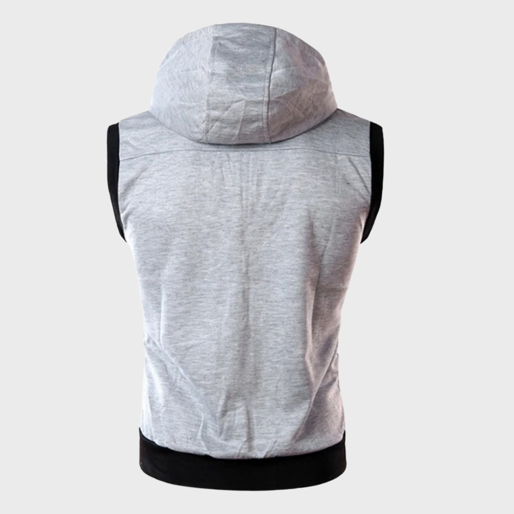 Men’s Sleeveless Hooded Vest – Full-Zip Layer with Detachable Hood and Contrast Zip Pockets for Casual Everyday Wear