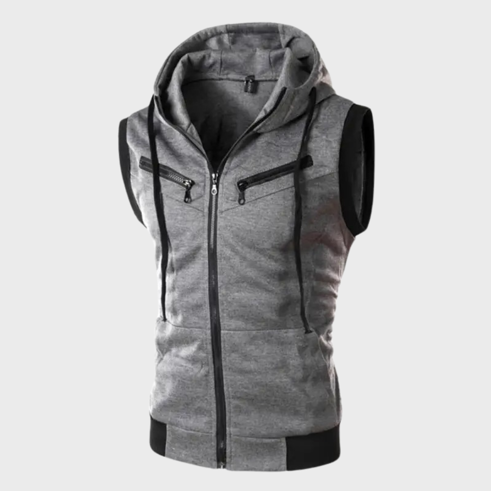 Men’s Sleeveless Hooded Vest – Full-Zip Layer with Detachable Hood and Contrast Zip Pockets for Casual Everyday Wear