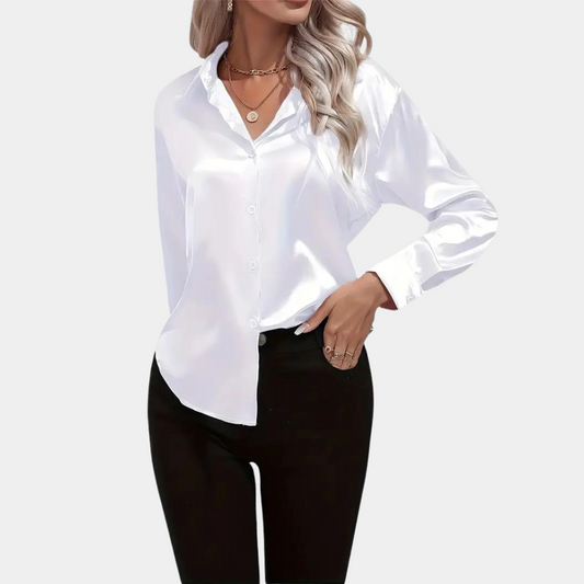 Women’s Satin Button-Up Shirt – Glossy Long-Sleeve Style for Office and Evening Wear