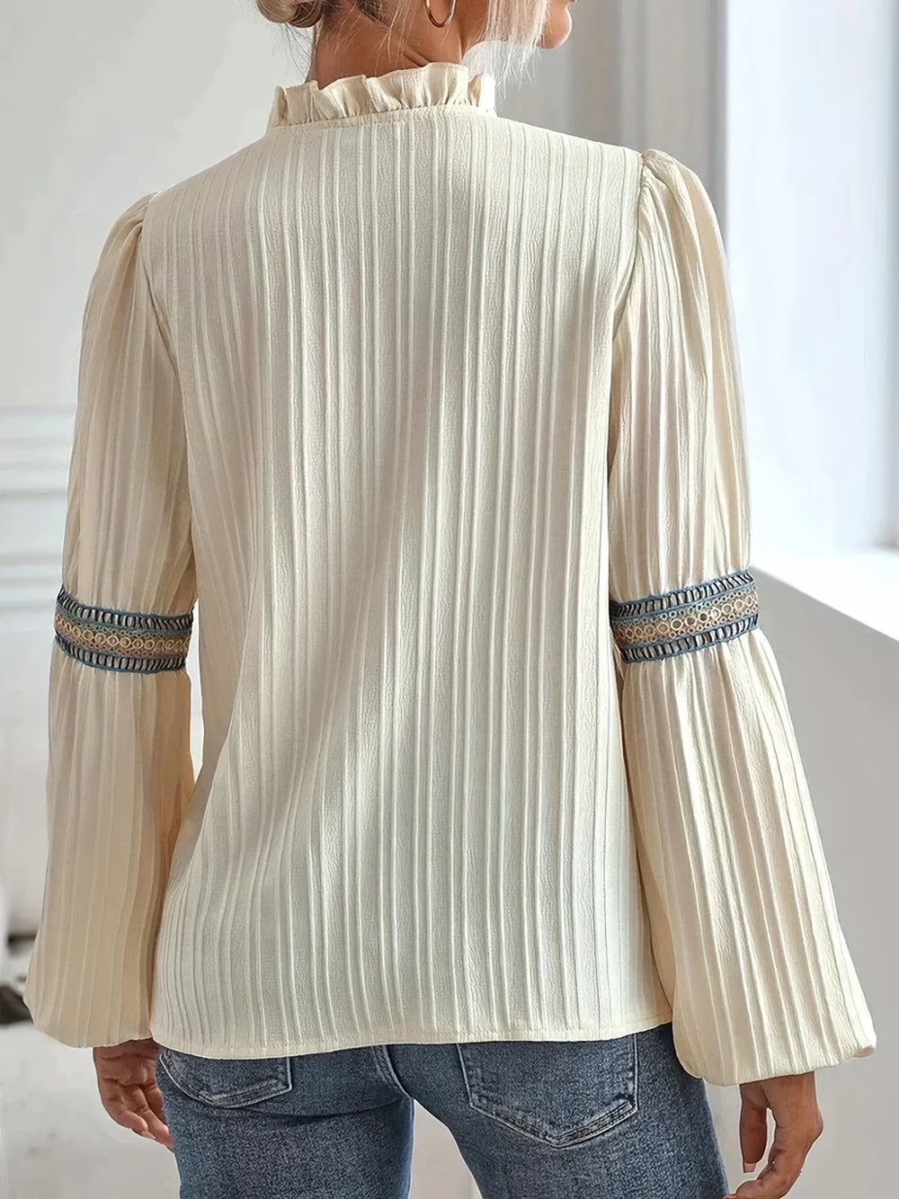 Women’s Ruffle Neck Blouse – Long-Sleeve Bohemian Top for Smart Casual Wear