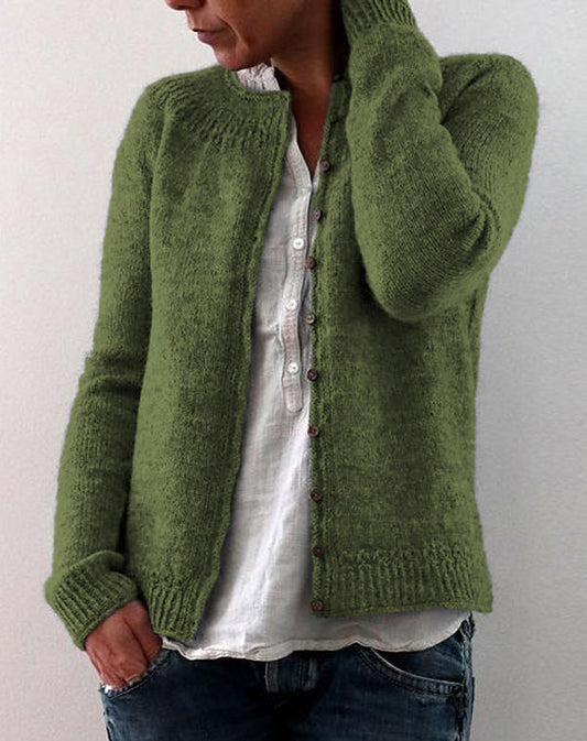 Women’s Fine-Knit Button Cardigan – Crew Neck Layer for Autumn and Winter