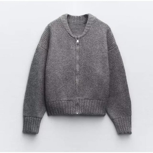 Women’s Zip-Front Knitted Cardigan – Crew Neck Layer for Autumn and Winter