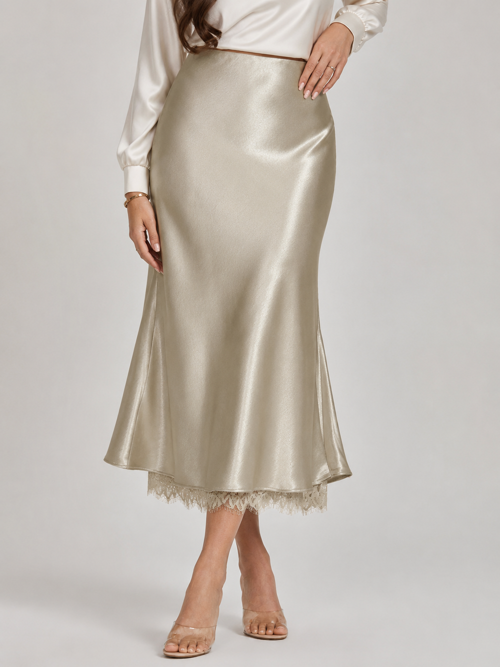 Women’s Satin-Look Midi Skirt – High-Waisted A-Line Design with Lace-Trim Hem for Dinners and Occasion Wear