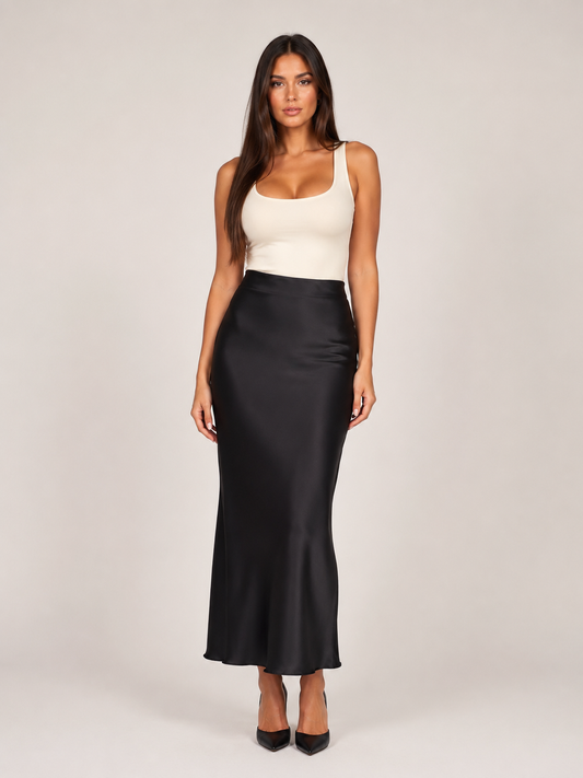 Women’s Satin A-Line Maxi Skirt – High-Waisted Flowing Silhouette with Soft Sheen for Dinners and Occasion Wear