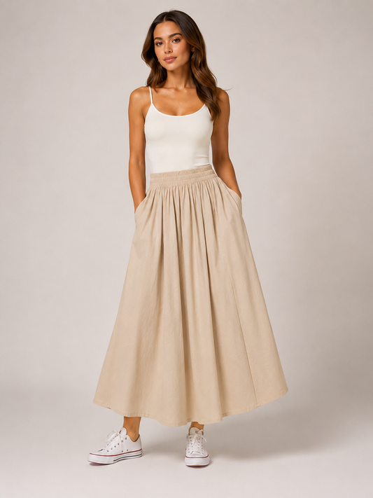 Women’s Pleated Midi Skirt – High-Waisted A-Line Design with Elasticated Waist and Pockets for Work and Weekend Wear