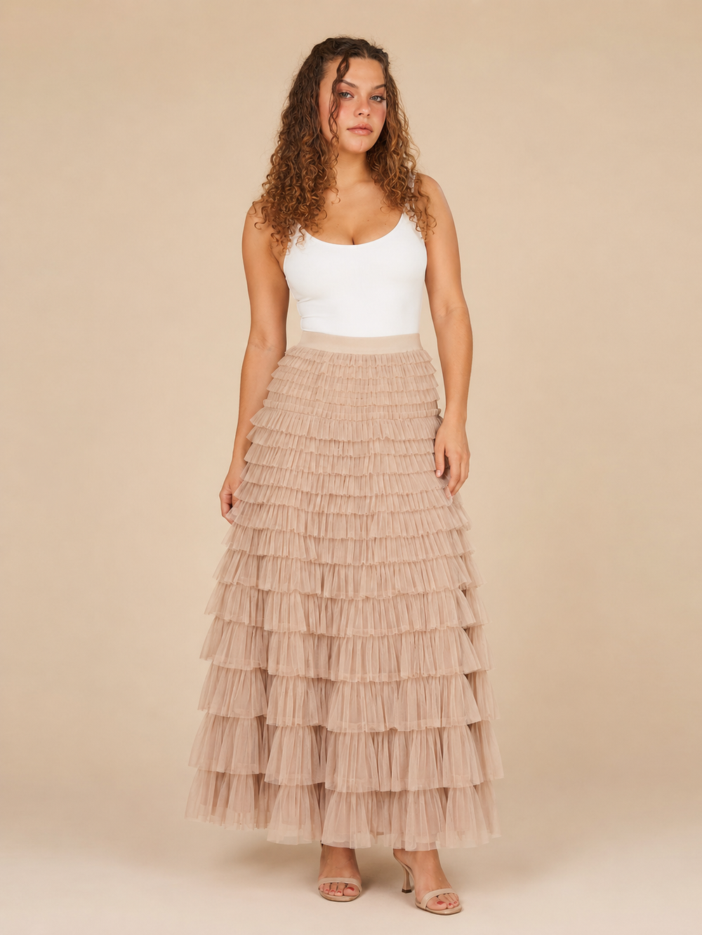 Women’s Tiered Tulle Maxi Skirt – Elasticated High-Waist Design with Layered Ruffles for Weddings Parties and Evening Wear