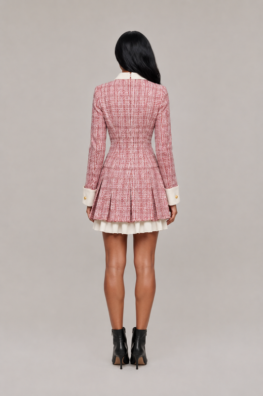 Women’s Tweed-Style Blazer Mini Dress – Contrast Collar with Gold-Tone Buttons and Pleated Hem for Smart Occasion Wear