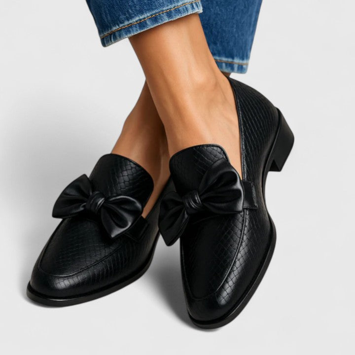 Women’s Loafers – Block Heel Slip-On Shoes with Oversized Bow