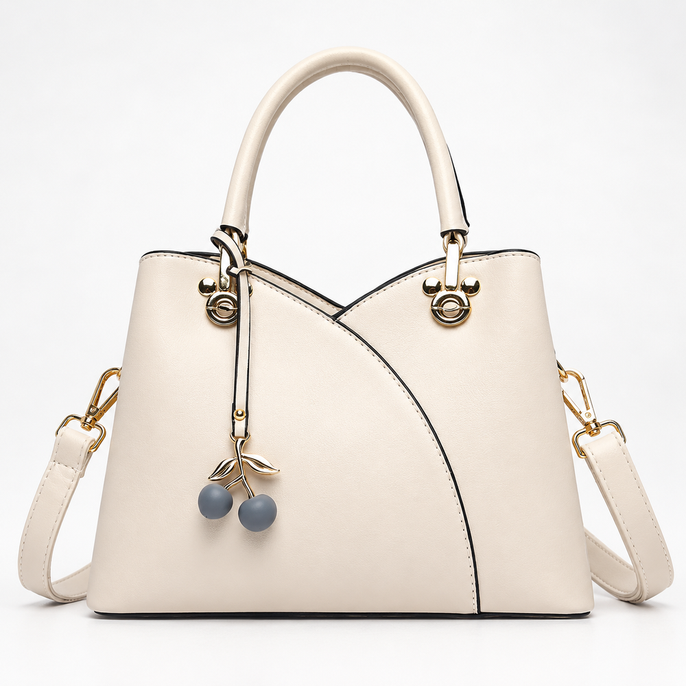 Women’s Structured Handbag – Dual-Handle Shoulder Bag with Detachable Strap and Cherry Charm for Everyday Wear