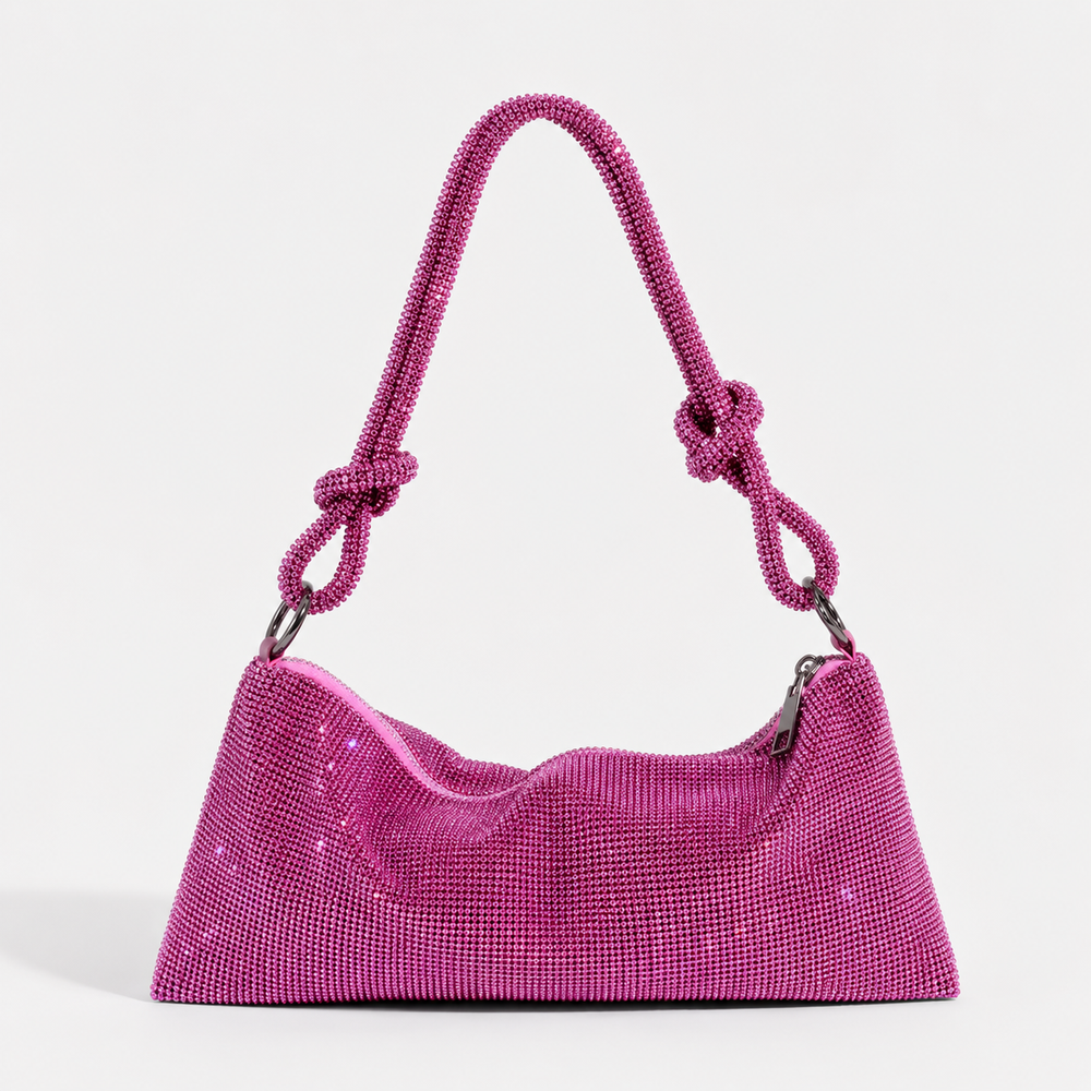 Women’s Rhinestone Shoulder Bag – Draped Evening Bag with Knotted Strap for Parties and Special Occasions