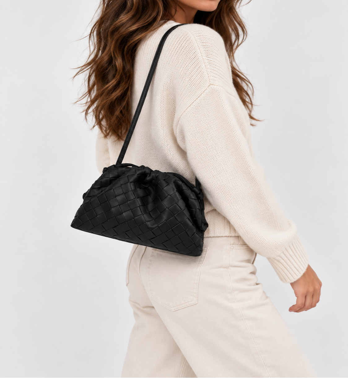 Women’s Woven Vegan Leather Pouch Bag – Drawstring Shoulder Bag with Slim Strap for Day and Evening Wear