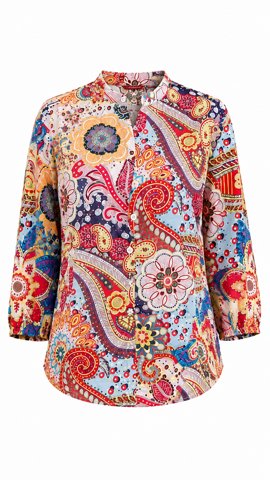 Women’s Printed Blouse – Relaxed Three-Quarter Sleeve Top for Summer and Holiday Wear